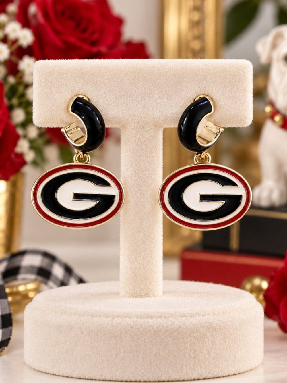 Georgia Bulldogs Earrings, Georgia G Logo Earrings, Red Black Game Day Jewelry,